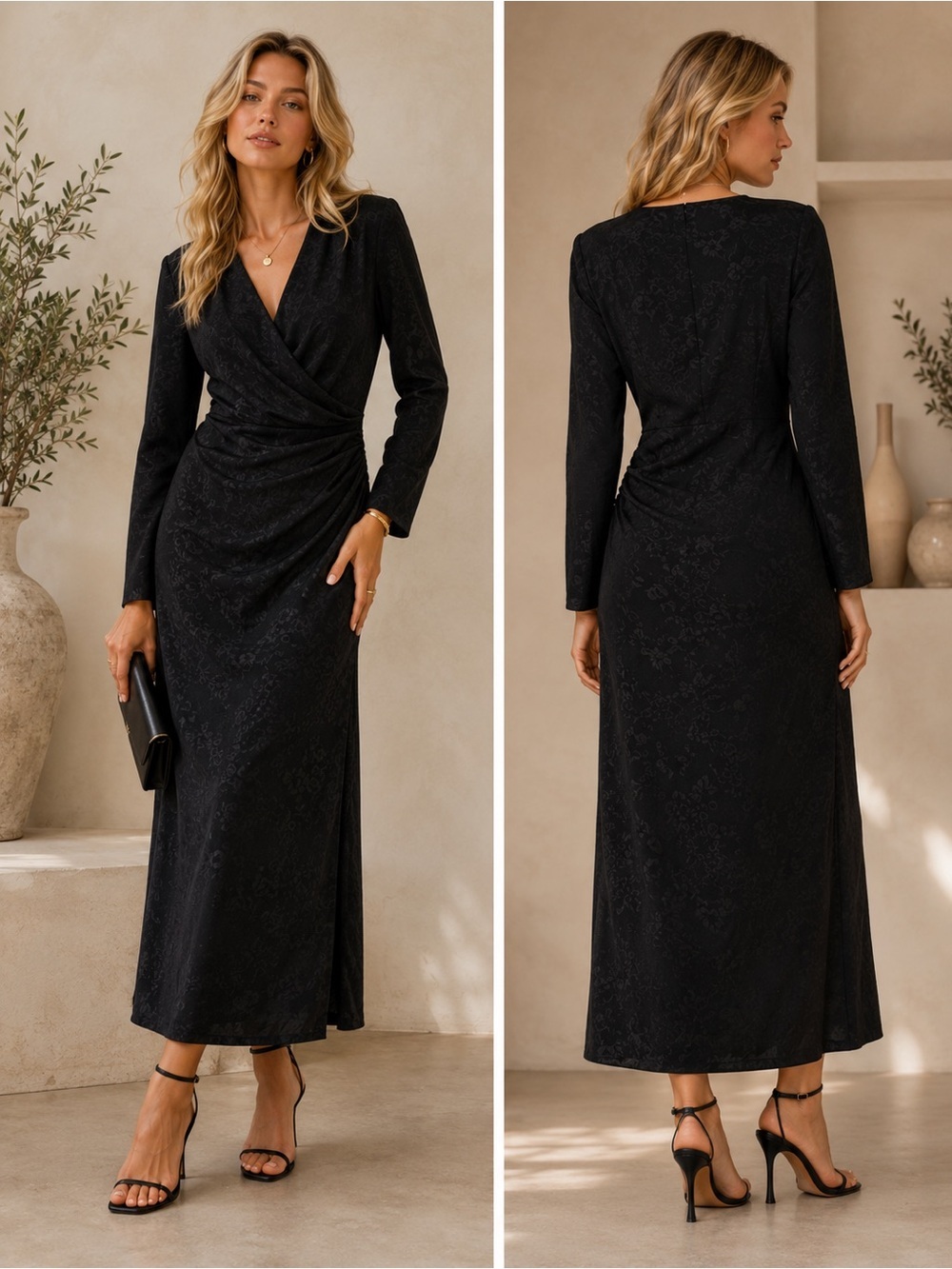 🖤 Mango Black Jacquard Wrap Midi Dress – NWT – Size M US6